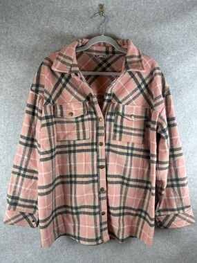Pink Gray White Plaid Shacket Jacket - Women's Size XL Cozy Button-Up